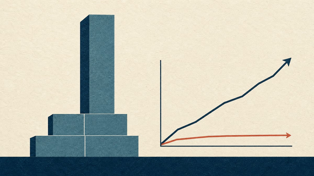 Illustration of stacked balance-sheet blocks with one enlarged block symbolizing rising acquisition goodwill, next to a chart showing revenue and profit lines diverging.