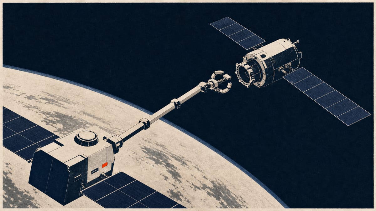 Illustration of a satellite-servicing spacecraft using a robotic capture arm to approach and dock with a defunct communications satellite in low Earth orbit.