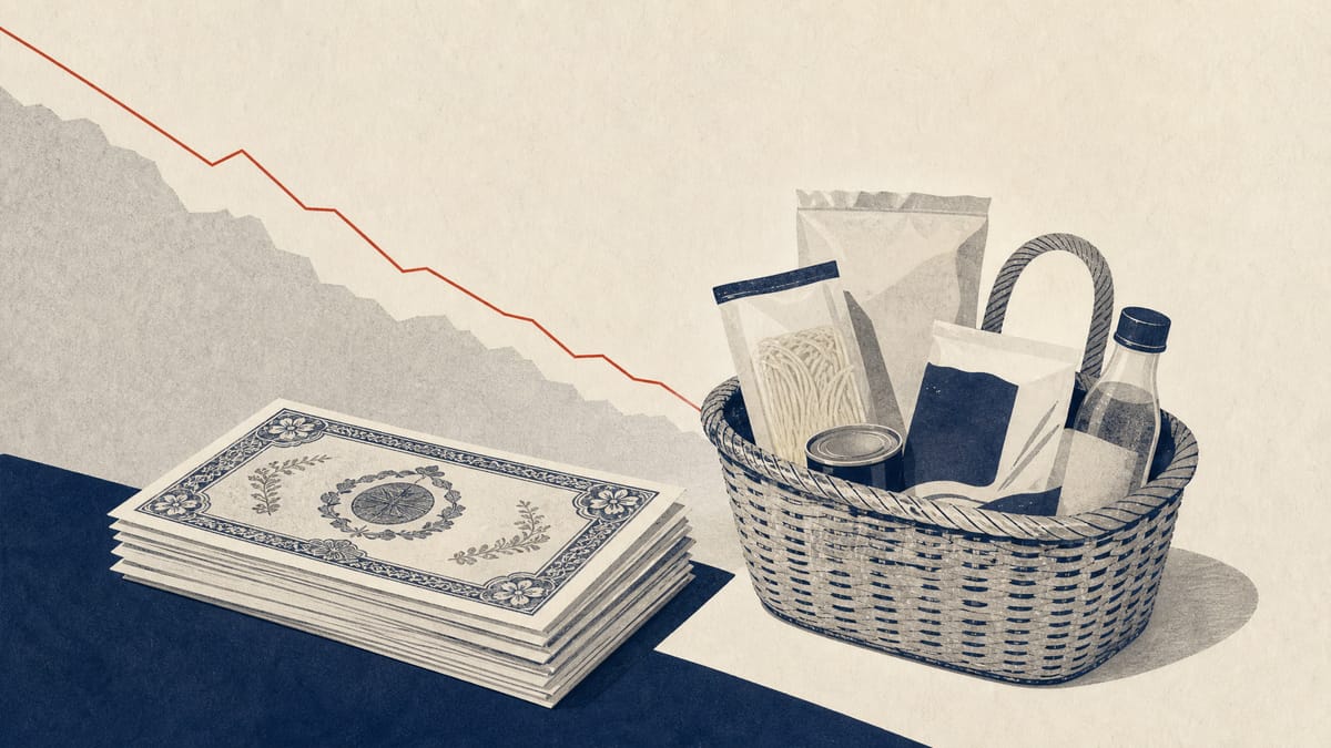 Editorial illustration of Japanese government bond certificates next to a grocery basket, symbolizing the tradeoff between debt-funded spending and a tax cut on food.