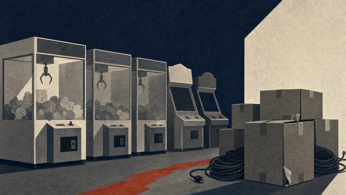 Illustration of unplugged arcade game machines being crated up inside a closing children's amusement centre.