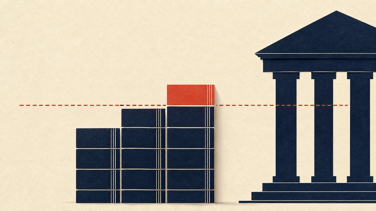 Illustration of a shareholding percentage gauge climbing past a 9% marker against a stylized ledger of stacked share blocks.