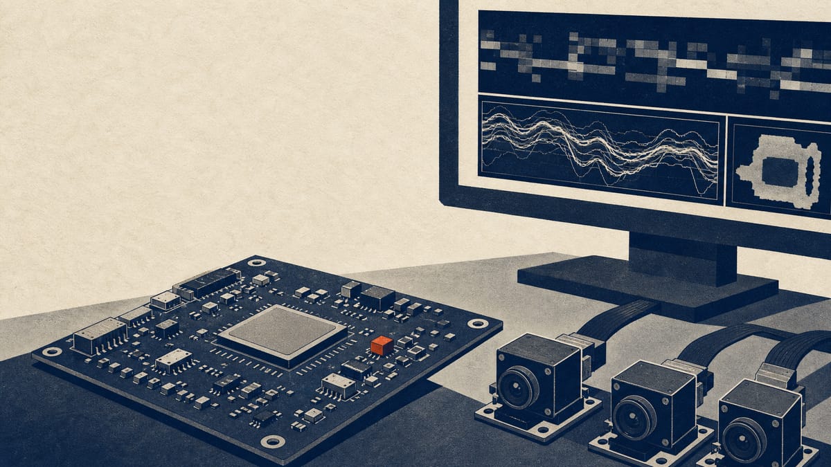 Editorial illustration of circuit boards and industrial camera modules on an assembly bench, representing embedded hardware and image-processing technology.