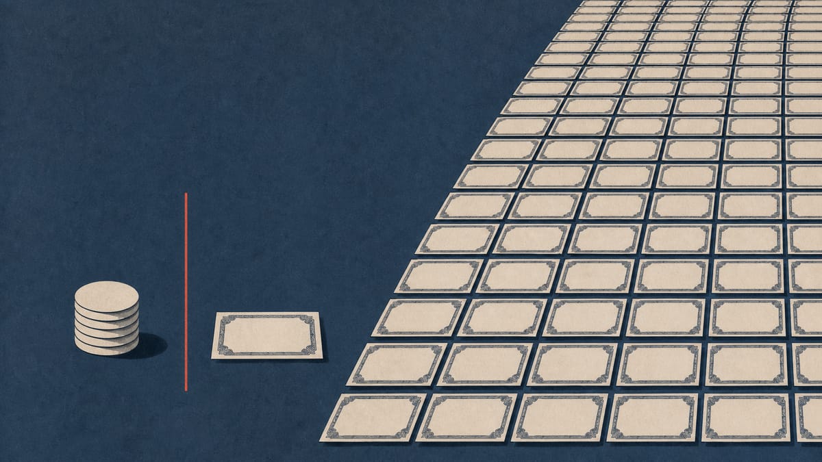 Illustration of a small coin stack beside a rapidly multiplying grid of stock-certificate shapes, representing shareholder dilution tied to a debt-equity swap and warrant financing plan.