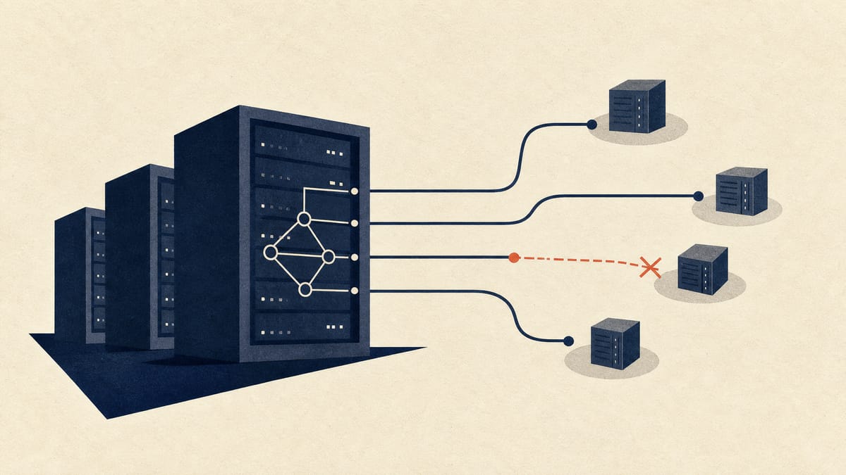 Abstract diagram of financial market infrastructure servers connected to smaller third-party vendor nodes, illustrating cyber resilience and vendor-dependency review.