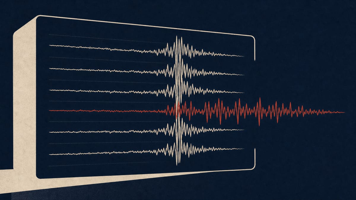 Illustration of overlapping seismic waveform lines on a monitoring display, with one line highlighted apart from the cluster to suggest a selected data point standing out from the rest.