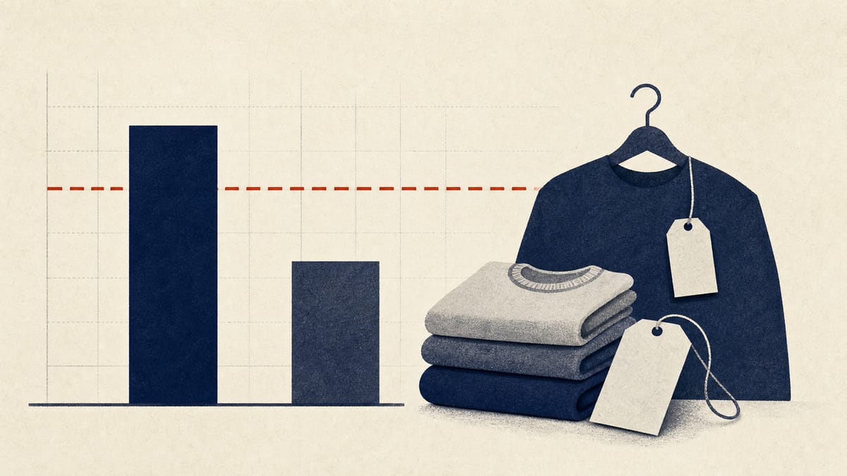 Illustration of a bar chart falling just short of a dashed threshold line next to folded clothing and price tags, representing an online fashion marketplace operator's shortfall against a stock-exchange listing standard.