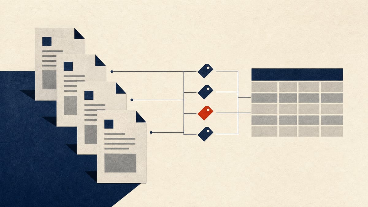 Abstract illustration of financial disclosure documents linked by data-tag icons feeding into a structured ledger, representing a regulatory XBRL tagging system.