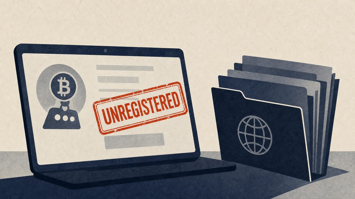 Illustration of a warning stamp reading 'unregistered' pressed onto a digital loan screen next to blank corporate folders, symbolizing an offshore unlicensed lender flagged by Japan's financial regulator.