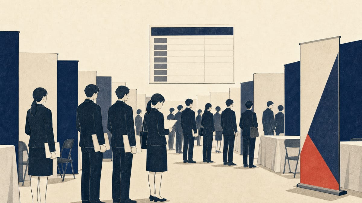 Illustration of a recruitment fair hall with rows of exhibitor booths and job seekers queueing between listing boards.