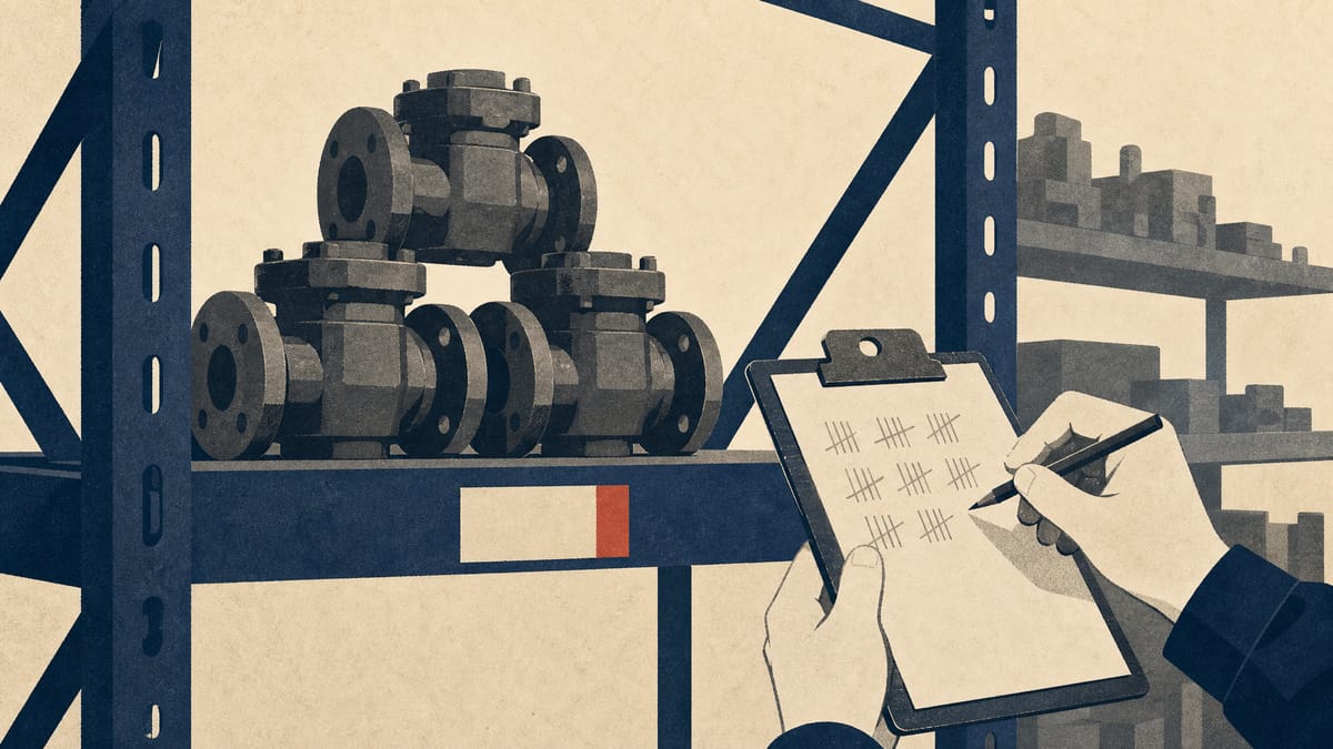A warehouse worker recounts stacked metal valve components against a tally sheet on steel shelving.