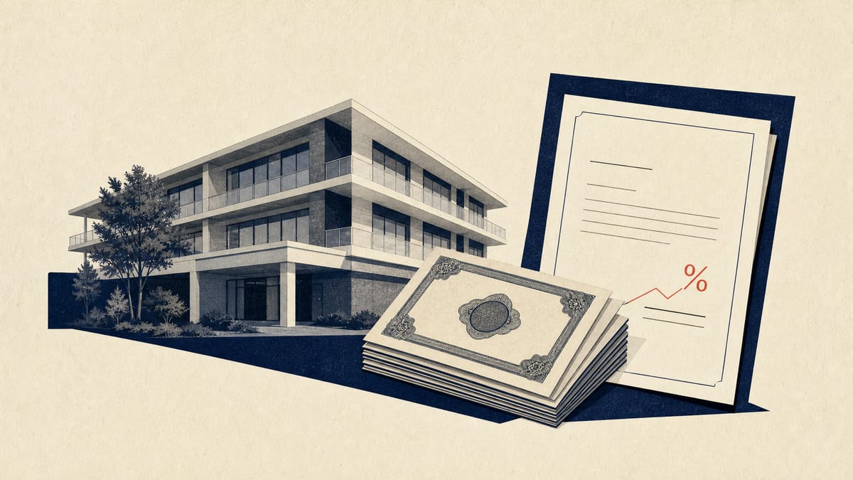Illustration of a senior-care residential building next to unit certificates and a loan document, representing a REIT financing a property acquisition with equity and bank debt.