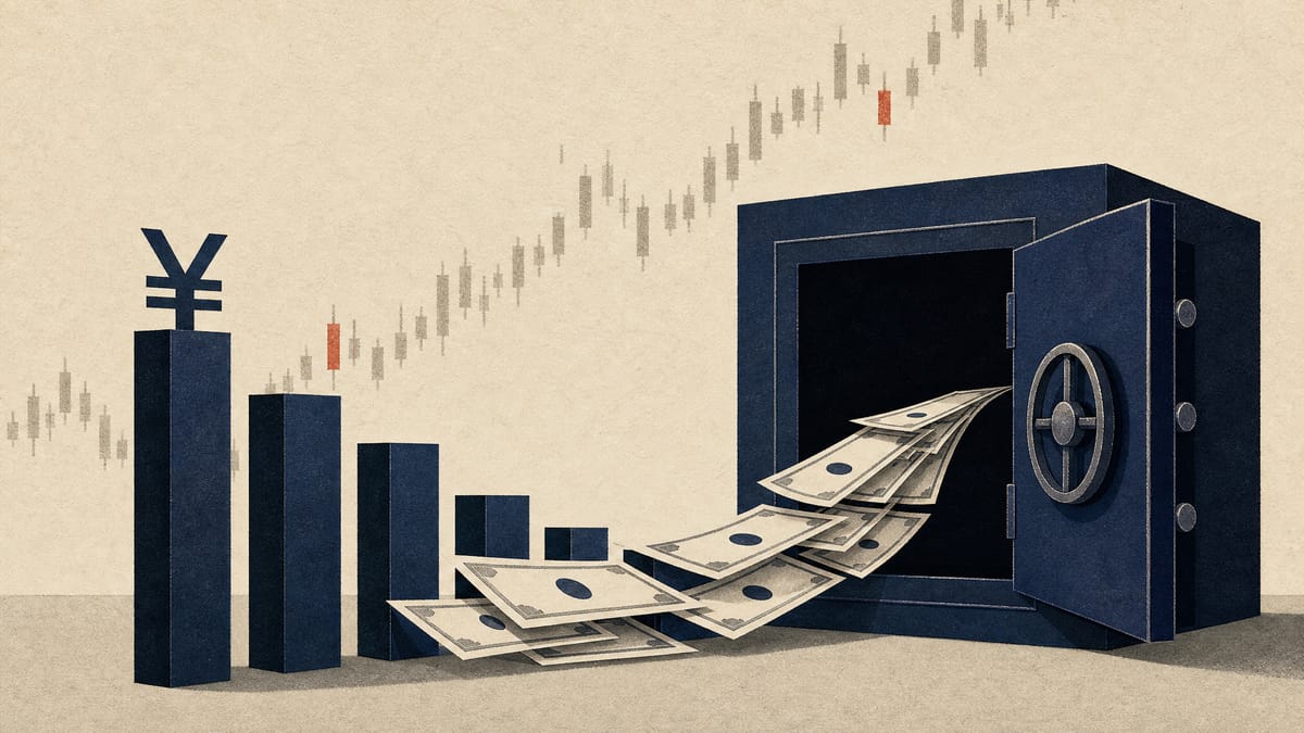 Illustration of yen value bars and share certificates flowing into a corporate vault, representing a company's ongoing stock buyback program.