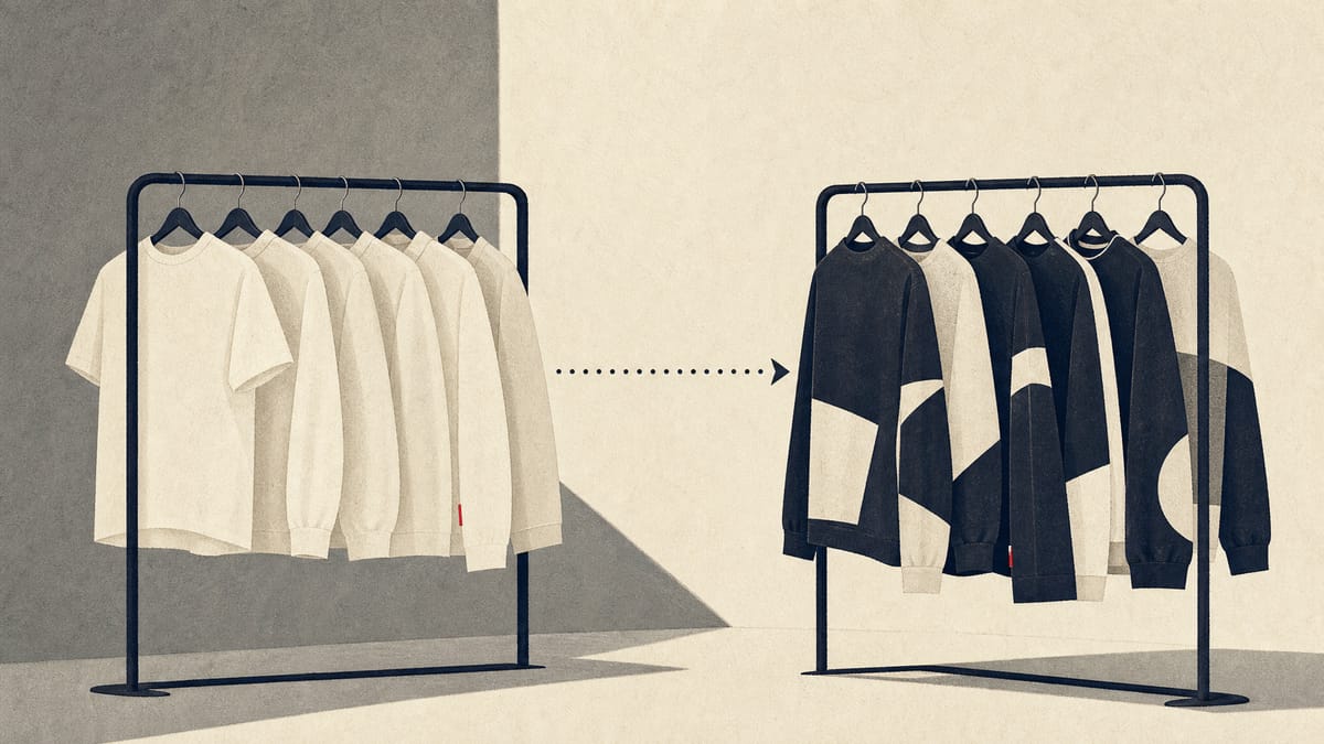 Editorial illustration of two clothing racks linked by a dotted ownership-transfer line, representing one streetwear company acquiring another.