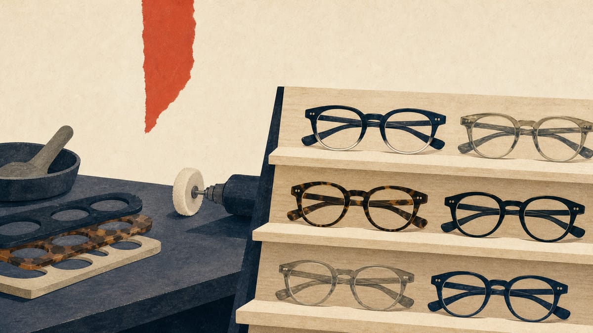 Rows of premium eyeglass frames on a retail shelf with eyewear-crafting tools visible in the background.