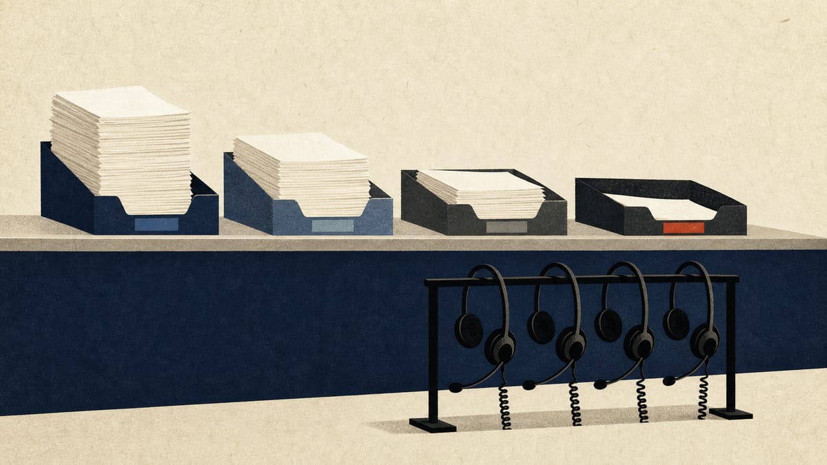 Illustration of a financial consumer-complaint intake counter with unevenly filled ticket trays and telephone headsets, representing shifting volumes of inquiries across banking, insurance, investment and crypto categories.