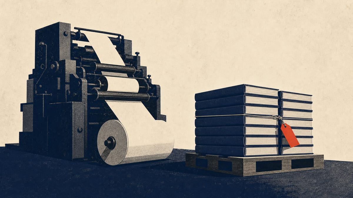 Editorial illustration of an industrial printing press producing school yearbooks, with bound albums stacked on a warehouse floor.