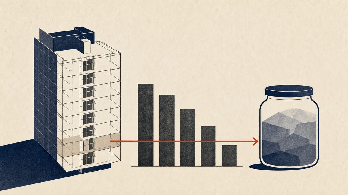Editorial illustration of an office tower floor plan next to a bar chart showing declining profit propped up by a reserve fund icon, symbolizing a REIT distribution sustained by reserves rather than rental income.