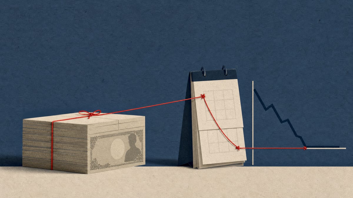 Illustration of a yen-denominated loan represented by stacked banknote-patterned blocks, a red thread linking two calendar dates one year apart, and a line graph resting just above a profit floor line.