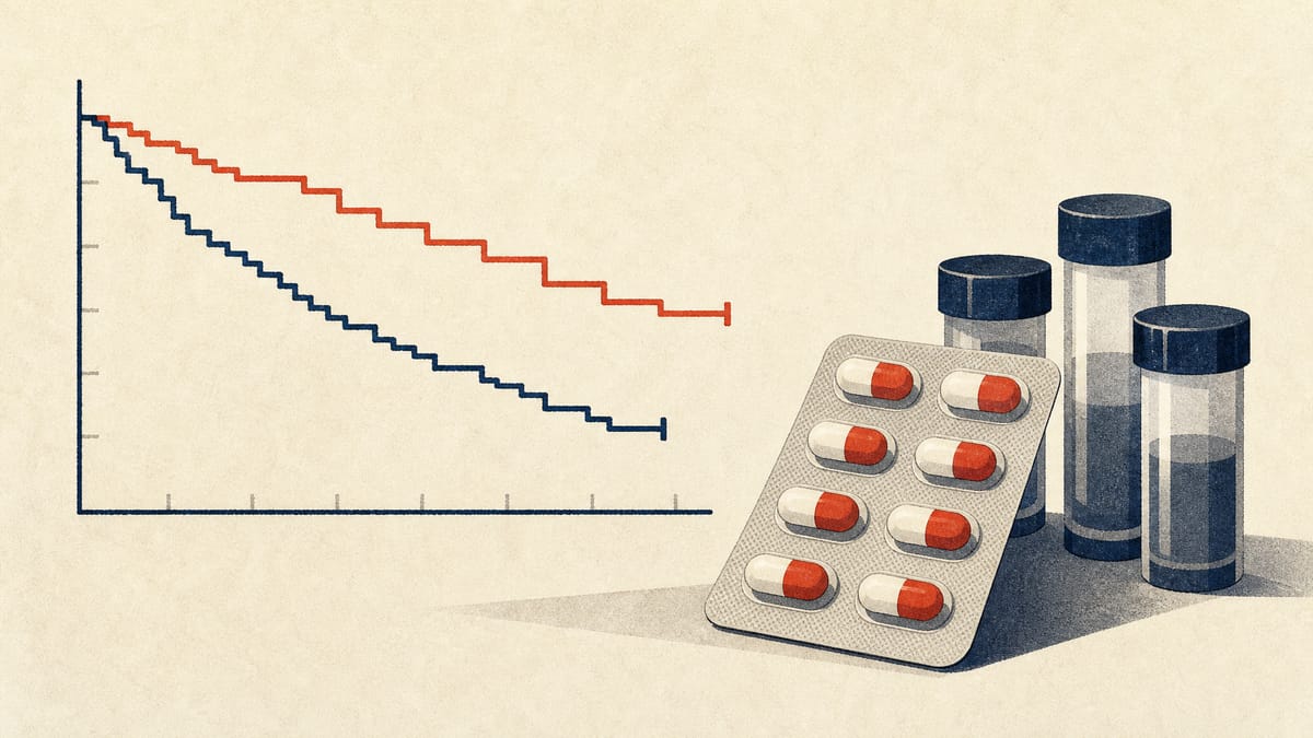 Illustration of two diverging survival-curve lines on a chart beside a blister pack of oral capsules and lab specimen vials, representing clinical trial results.