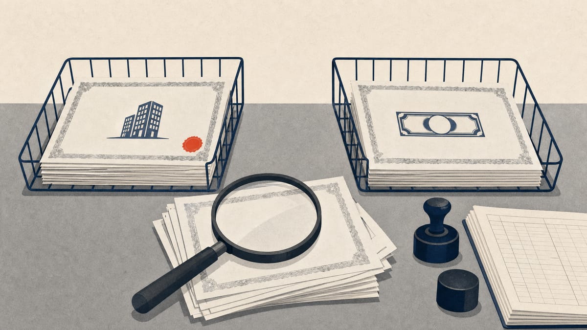 Illustration of paper fund certificates being sorted into two trays, one marked with building icons and one with currency icons, beside an unused ink stamp and ledger pages, representing an unresolved accounting reclassification dispute.