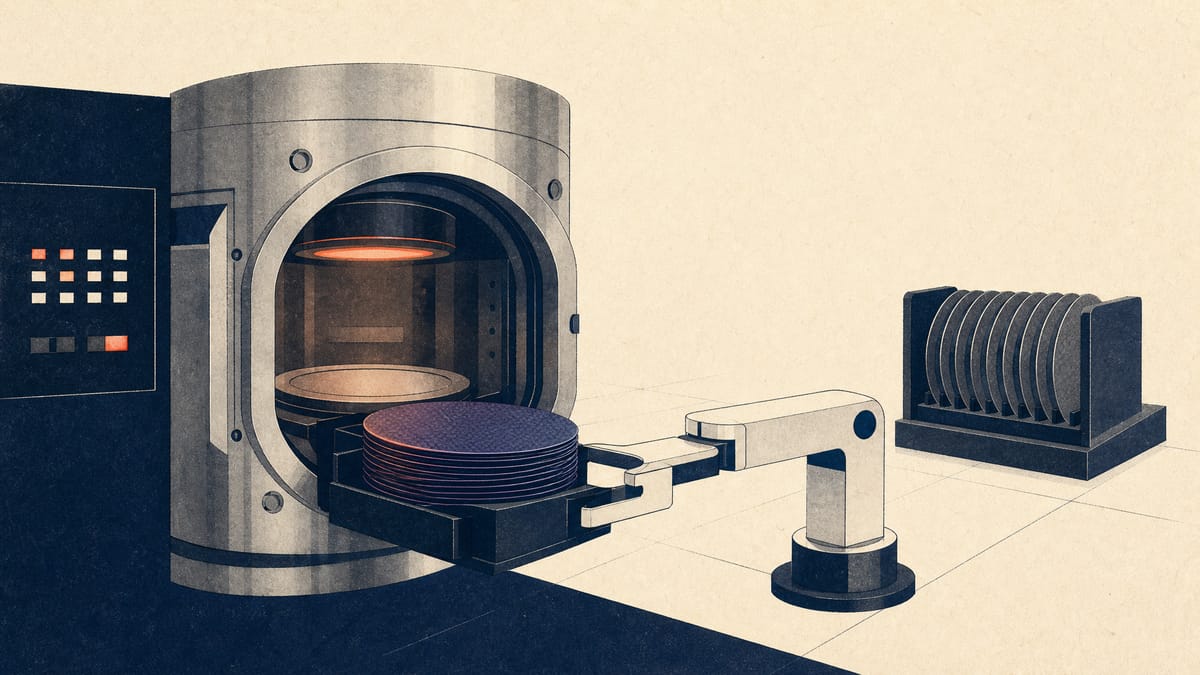 Editorial illustration of a semiconductor etching chamber actively processing compound-semiconductor wafers while a rack of silicon wafers sits idle in the background, representing a split in chip-equipment demand.