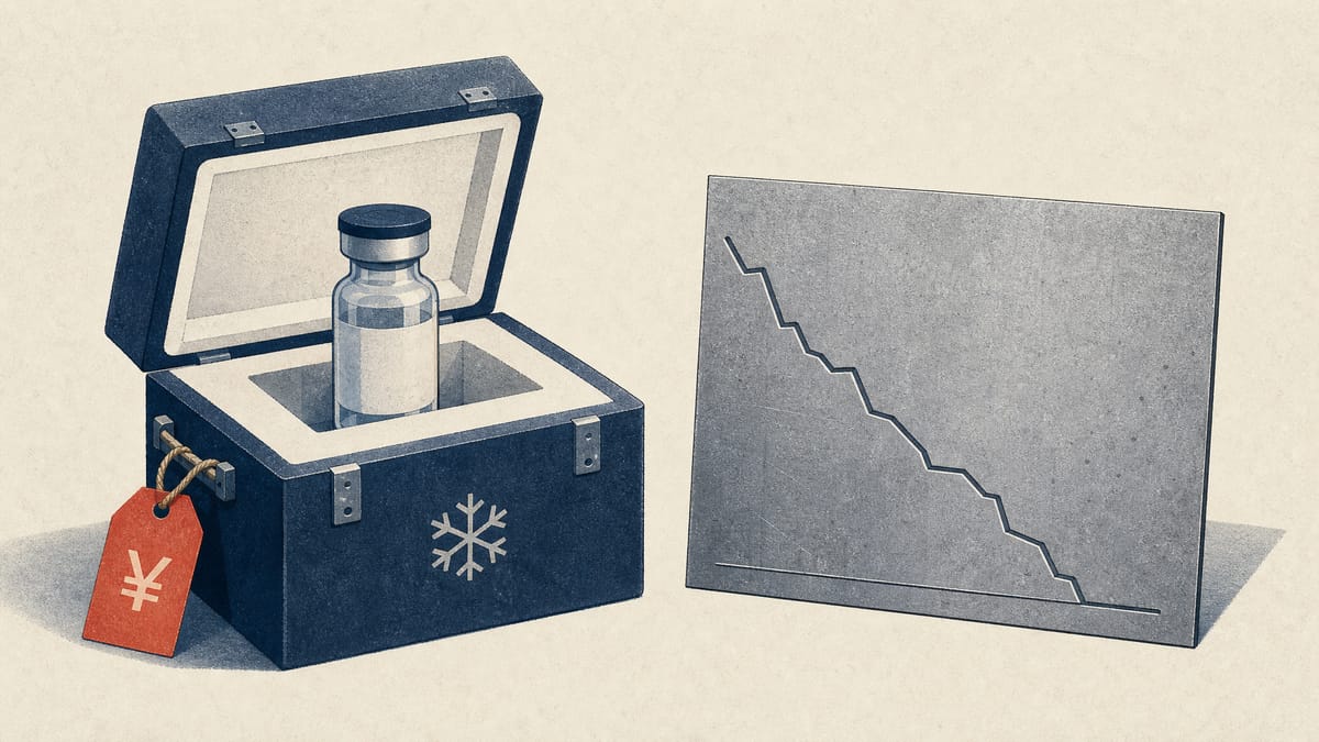 Illustration of a sealed medical vial in a cold-chain shipping crate next to a ledger showing a declining cash line, symbolizing a newly launched drug with no recorded revenue yet.