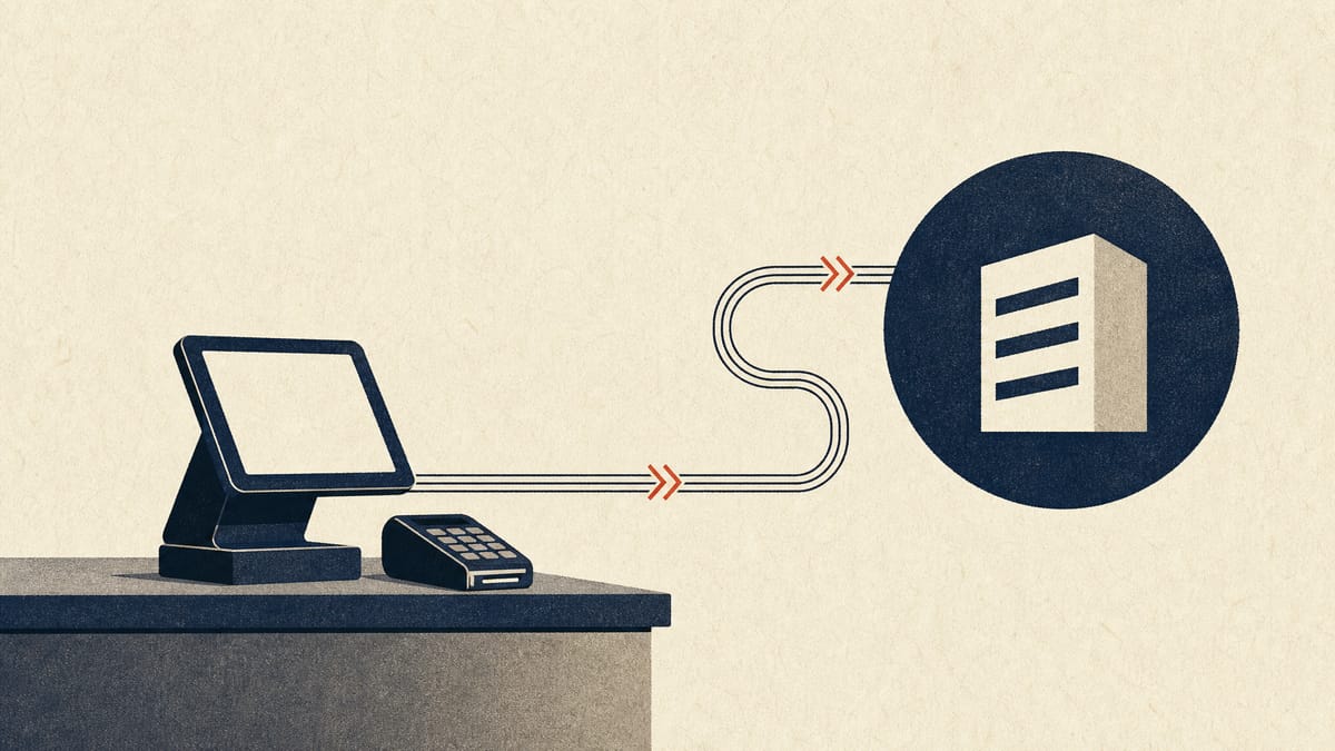 Illustration of a point-of-sale terminal and card reader at a retail checkout, with lines suggesting payment data routed into an in-house processing system.