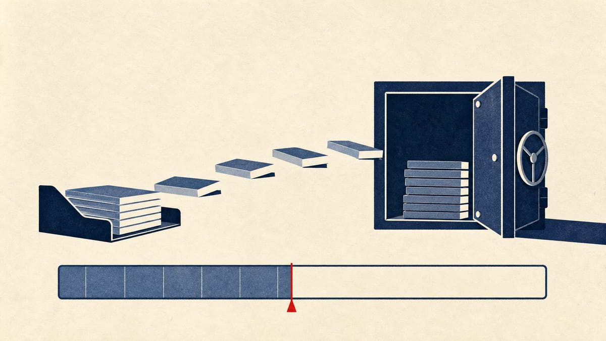 Illustration of a corporate share buyback progress gauge roughly half filled, with block-shaped share units moving toward a vault, symbolizing a capital-return program still under way.