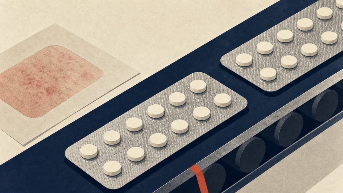 Editorial illustration of oral tablets in blister packs on a pharmaceutical production line, representing a psoriasis drug awaiting a regulatory decision.