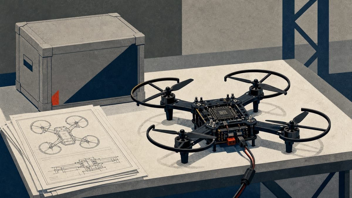 Illustration of a compact interceptor drone frame and testing equipment on an industrial workbench, representing a defense-technology manufacturing story.