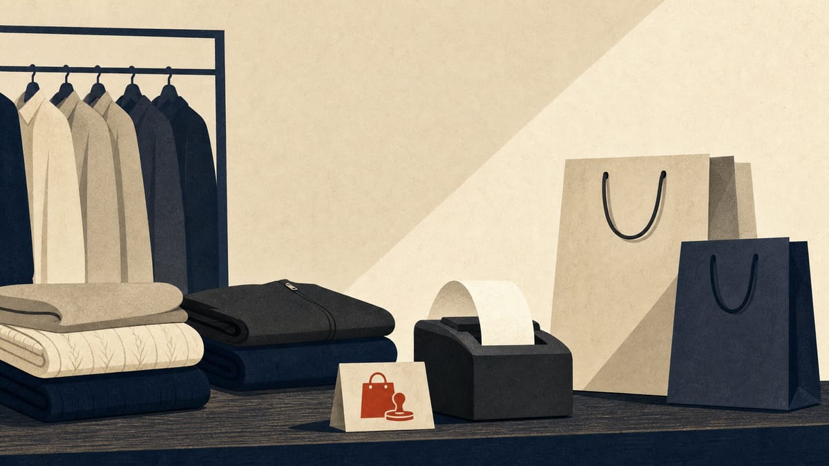 Illustration of a duty-free checkout counter with folded clothing and a receipt printer inside an apparel store.