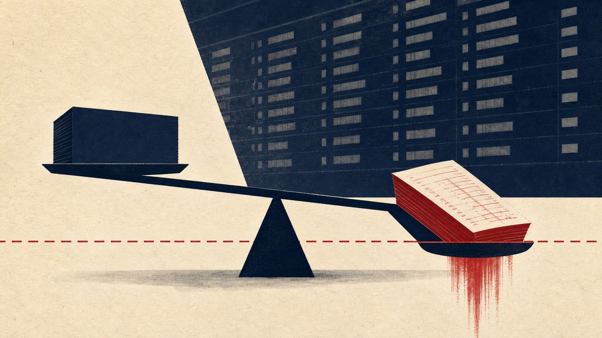 Illustration of a balance-sheet scale tipping below a listing threshold line, evoking a company's net assets falling into negative territory.