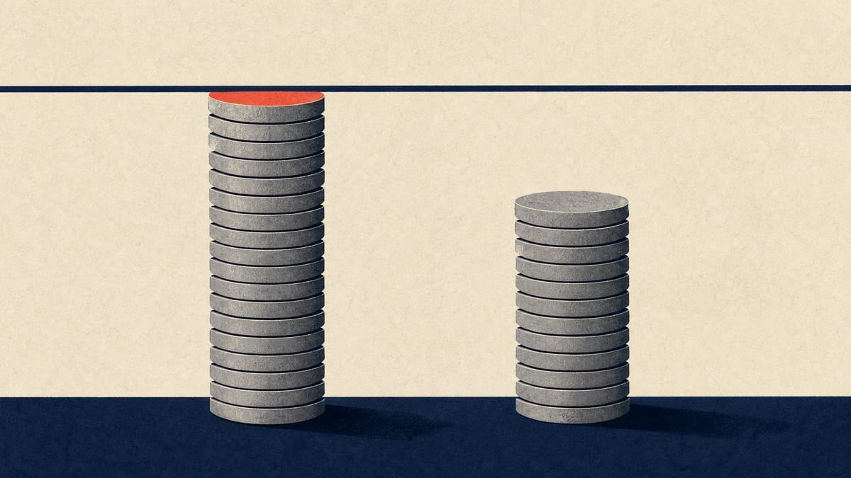 Illustration of two bar-chart columns made of stacked coin discs, one reaching a ceiling line and one falling well short, representing a capital-return program that hit its spending cap before its share-count target.