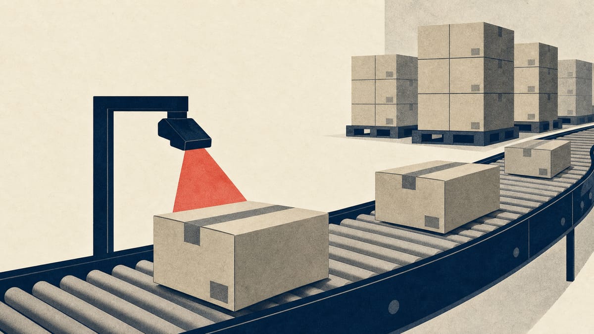 Illustration of a warehouse conveyor line moving cardboard shipping parcels past a barcode scanner, representing an e-commerce distribution operation recovering from a cyberattack.