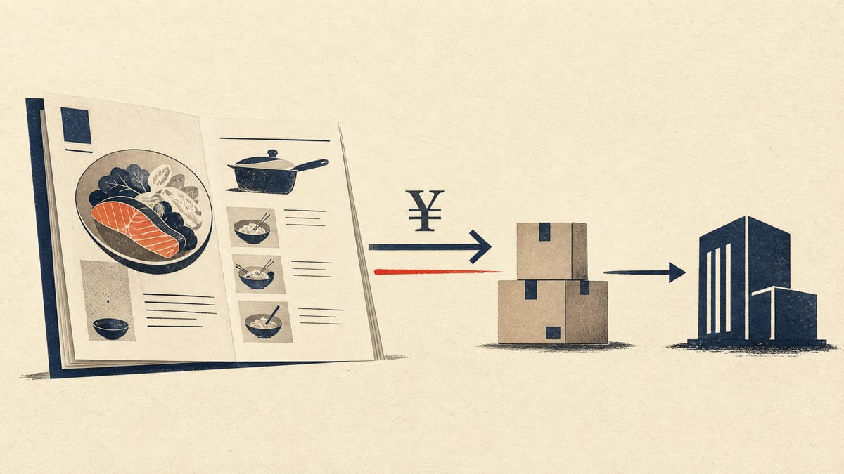 Editorial illustration of a lifestyle magazine spread and shipping cartons connected by ledger-style arrows, one large flow leaving first and a smaller flow arriving after, representing a dividend paid out before a company acquisition.