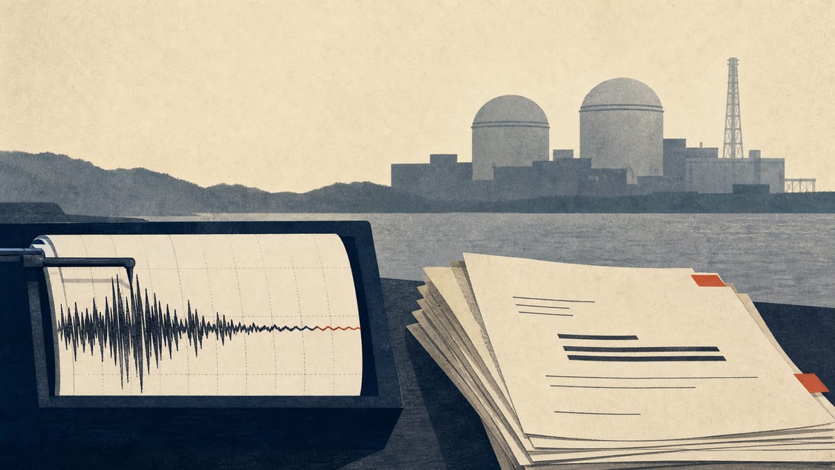 Editorial illustration of seismograph data and withdrawn permit paperwork with a coastal nuclear plant in the background, symbolizing regulatory scrutiny after seismic-data misconduct at a nuclear plant.