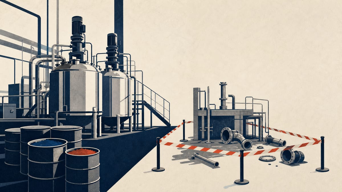 Illustration of a chemical factory production line with pigment drums and mixing tanks, one section cordoned off to suggest a planned plant closure.