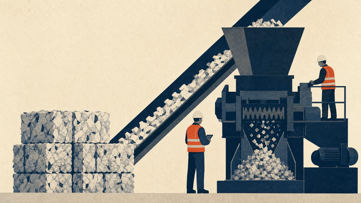 Workers in safety gear operate conveyor and shredding equipment among stacked plastic bales inside an industrial recycling facility.