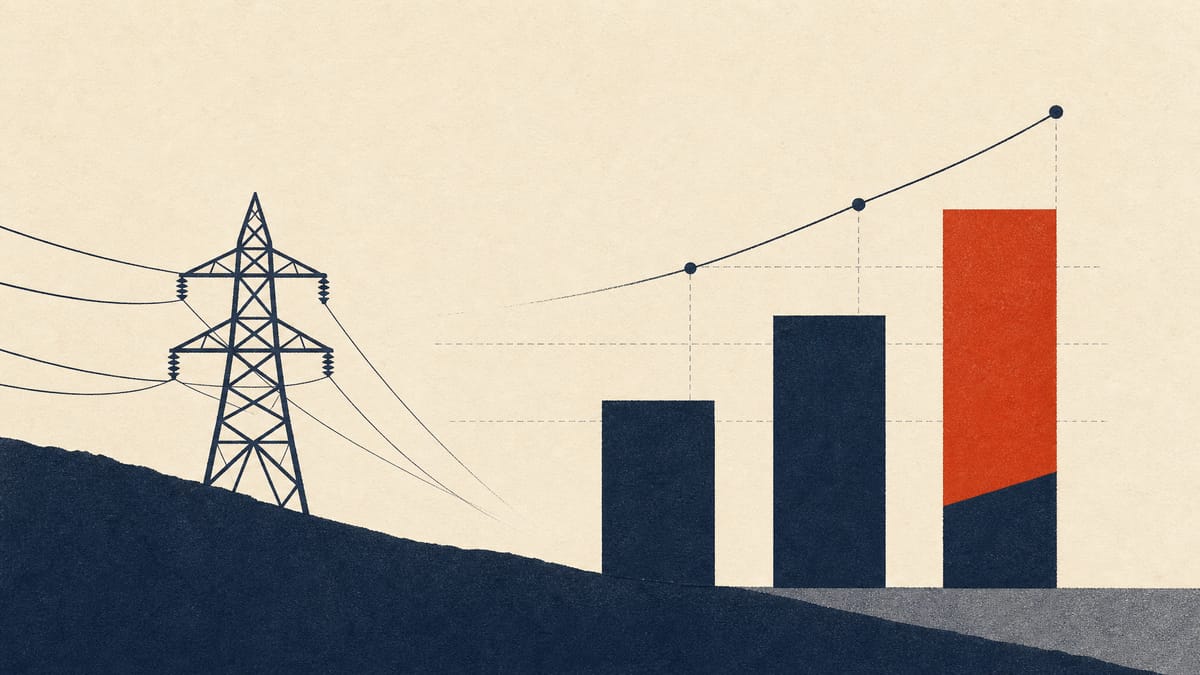 Editorial illustration of an ascending bar chart representing three bond maturities beside a simplified power transmission line, symbolizing a Japanese power company's staggered bond issuance.