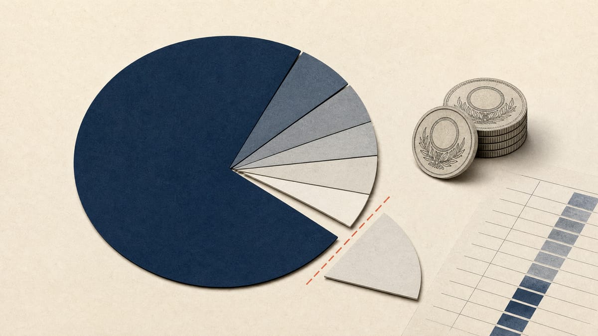 An editorial illustration of a pie chart with shrinking wedges beside stacked yen coins and a ledger sheet, symbolizing shareholder dilution from a discounted capital raise.