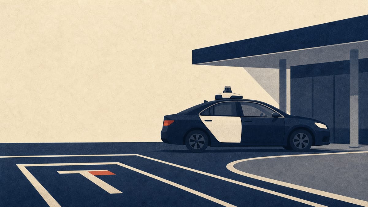 Illustration of a taxi fitted with a rooftop sensor dome at a dispatch yard, representing the move toward driverless robotaxi testing in Tokyo.