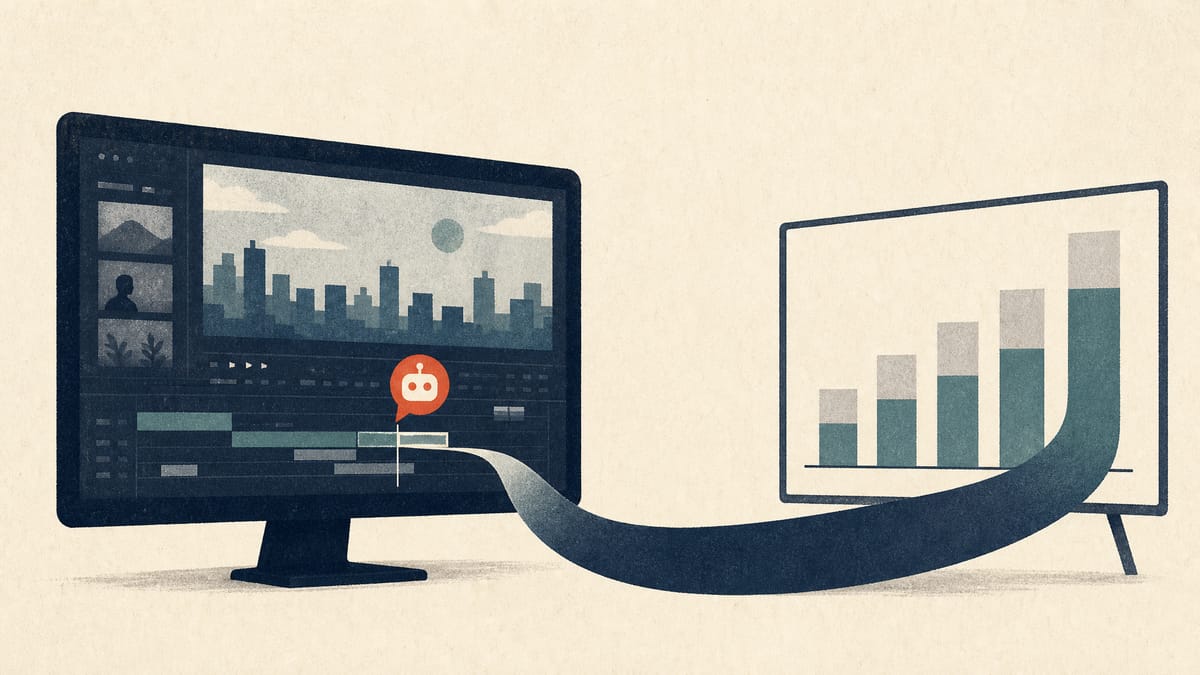 Illustration of an advertising agency workspace with editing screens and regional performance charts, suggesting AI-assisted production and shifting overseas demand.