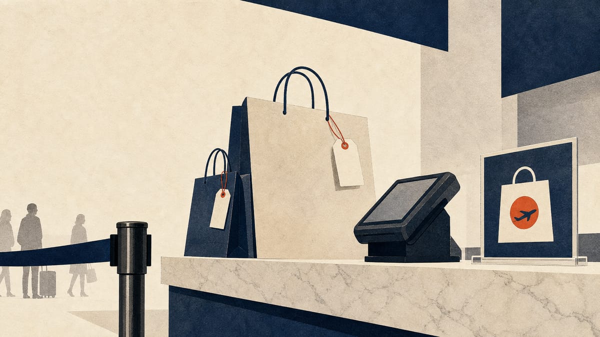 A duty-free checkout counter with shopping bags and a payment terminal inside a Japanese department store.