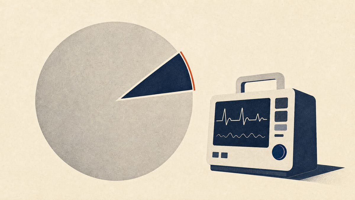 Editorial illustration of an ownership pie chart highlighting a 6.2 percent stake segment next to simplified outlines of medical monitoring equipment.