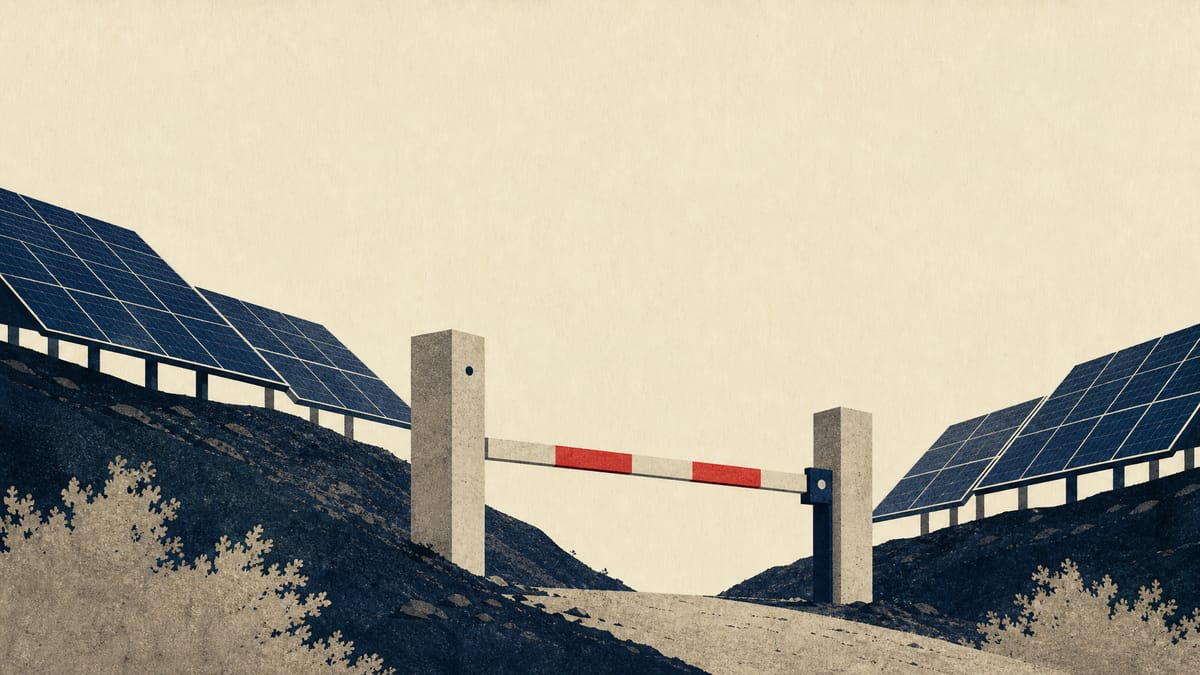 Illustration of a solar panel field with a checkpoint gate structure symbolizing a regulatory transition between local and national environmental review.