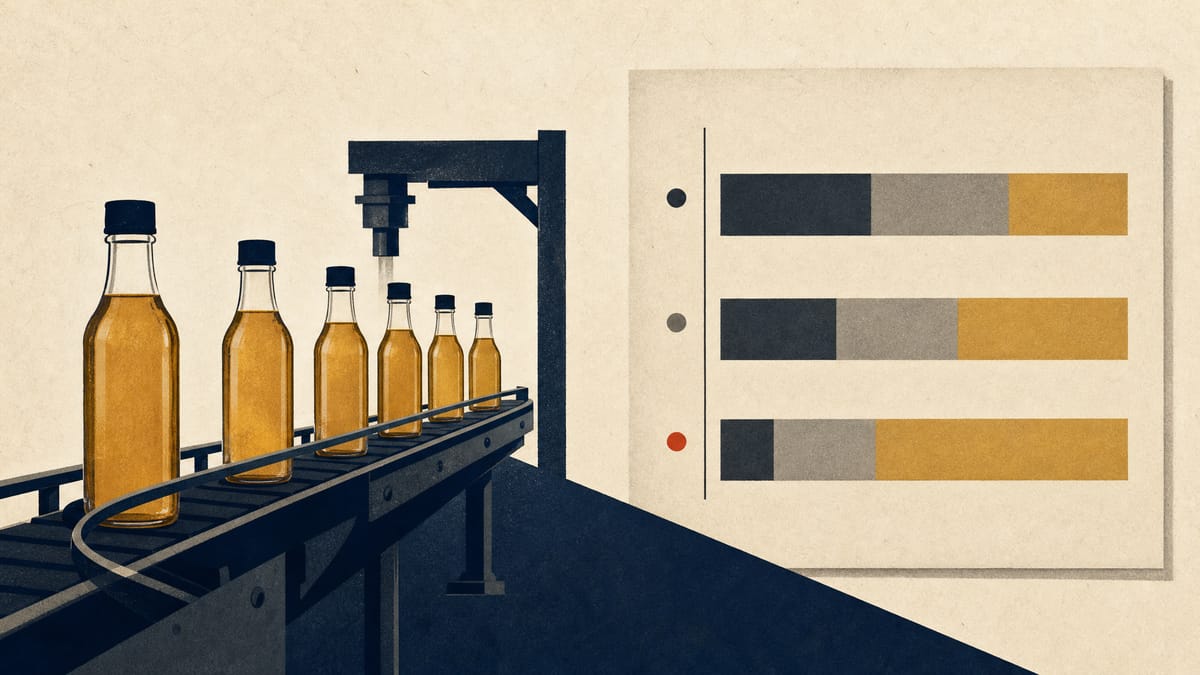 Illustration of a sesame-oil bottling line beside a wall chart of shifting ownership-percentage bars, representing a corporate buyout's contingent pricing structure.