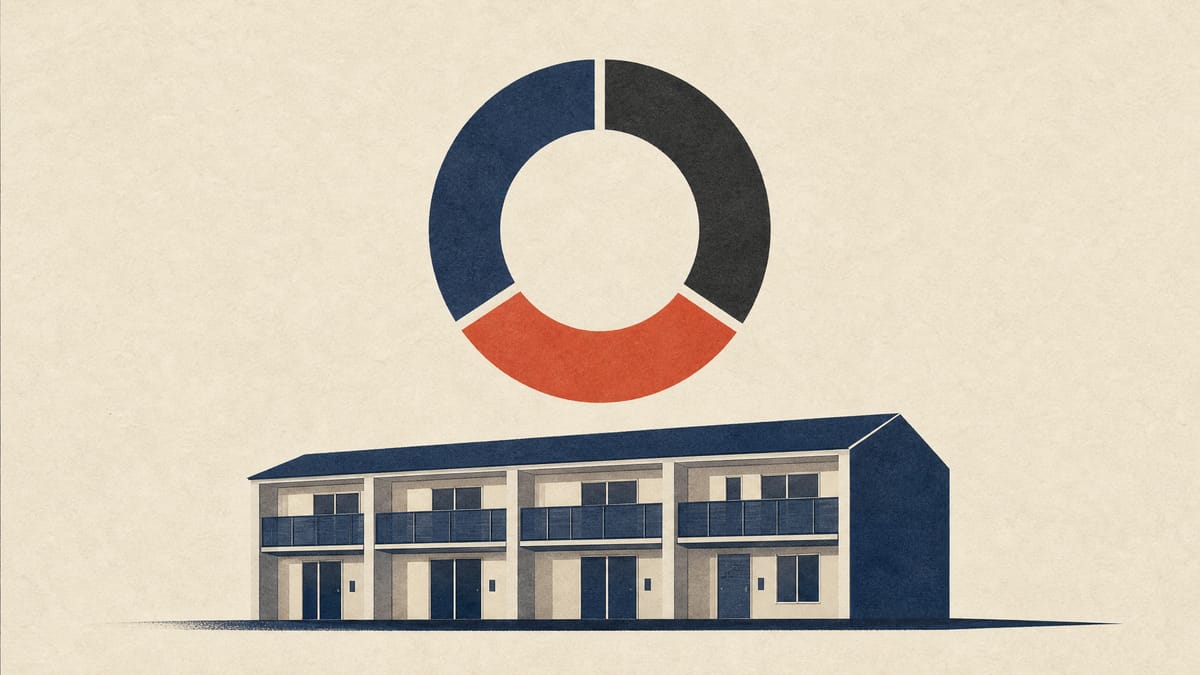 Illustration of a three-way divided ownership circle above a row of small apartment building facades, representing the investor consortium buying Leopalace21.
