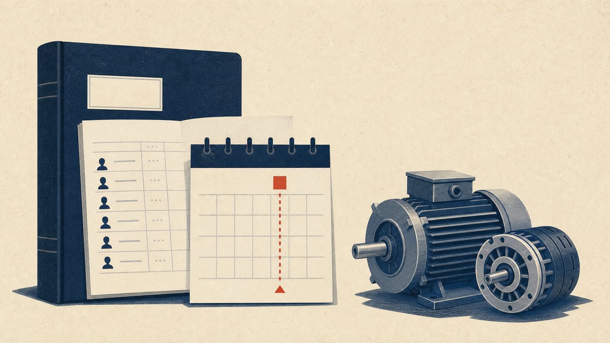 Illustration of a shareholder registry ledger with a highlighted September 30 record-date marker beside small precision motor components, representing Nidec's governance timeline.