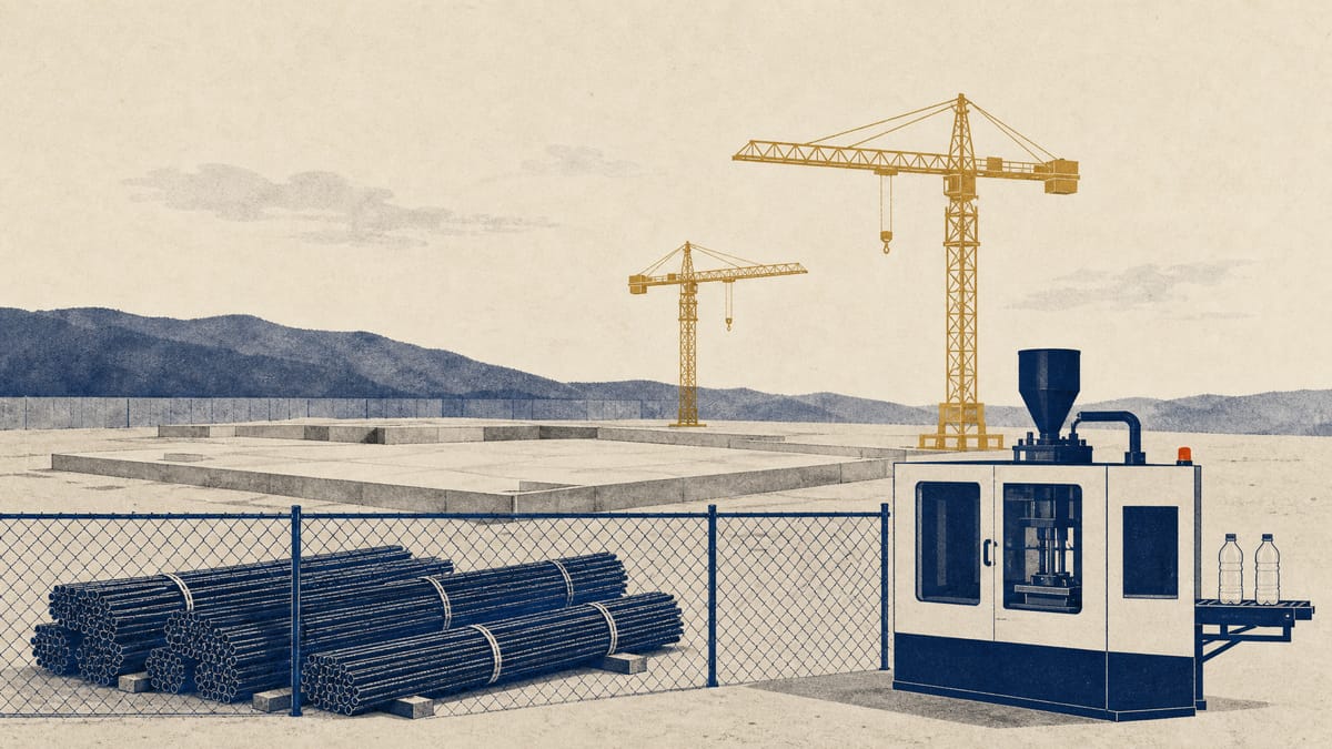 Idle cranes and stacked rebar on a paused industrial construction site, evoking a frozen Japanese factory project.
