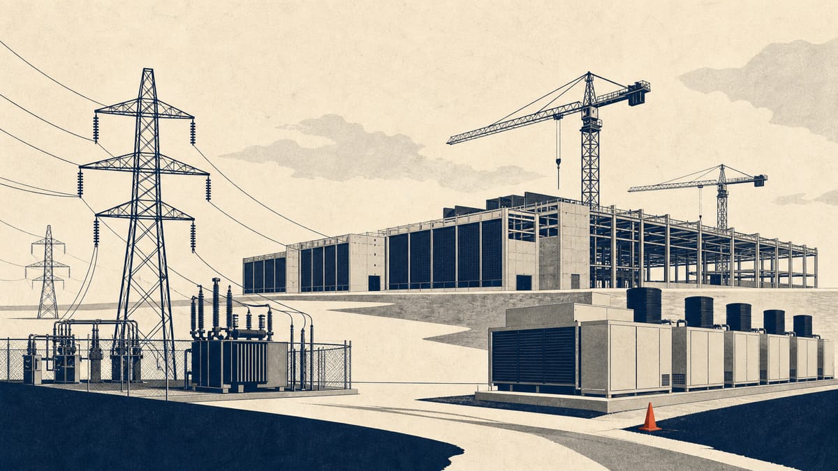 Illustration of a data-centre campus under construction with server-hall buildings, transmission towers and grid connection equipment.
